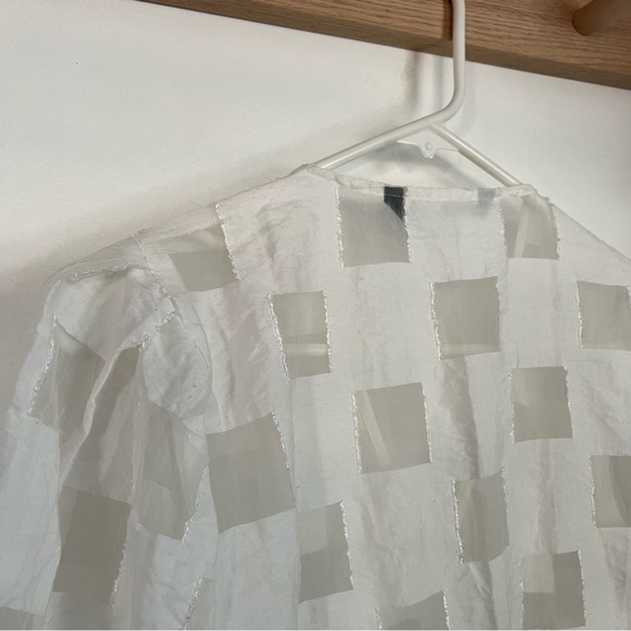 Zara sheer white checkered blouse puff short sleeves button Korean bojagi s - Picture 6 of 8